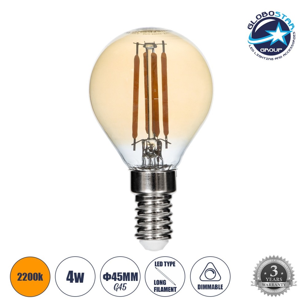 GLOBOSTAR® SPHERE 99033 Λάμπα E14 G45 LED 4W 350lm 360° AC 220-240V IP20 Ultra Θερμό Λευκό 2200K Dimmable - Long Filament Chip - Μελί - Μ4.5 x Π4.5 x Υ7.5cm - 3 Χρόνια Εγγύηση